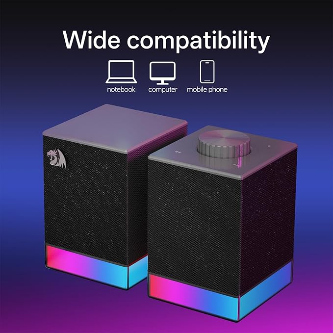 Redragon GS517 RGB Computer Speaker - 2.0 Stereo Sound System with BT & USB Dual Connectivity, 8 RGB Lighting Effects, Touch Controls & Volume Knob - Perfect for Gaming & Multimedia