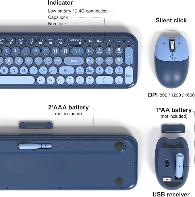 MOFII Wireless Keyboard and Mouse Combo, Compact Typewriter Retro Round Computer Keyboard and Mouse Set, Plug and Play, for Windows, Computer, Desktop, PC, Notebook - (Sea Blue Gradient)