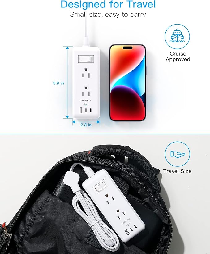 Flat Plug Power Strip, HANYCONY Ultra Thin Extension Cord, 6 Outlets 3 USB Ports(2 USB C), 5ft Multiple Outlet Extender with Wall Mount No Surge Protector for Dorm Room, Cruise, Travel Essentials