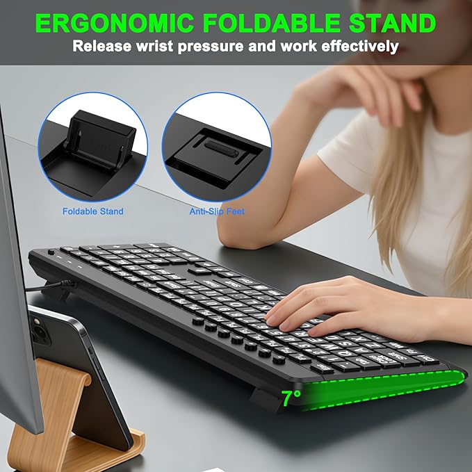 EDJO Large Print Ergonomic Keyboard, Full Size Keyboard with Wrist Rest, Silent Wired USB Computer Keyboards with Oversized Letter Keys Easy to See and Type for Laptop, PC, Windows, Desktop