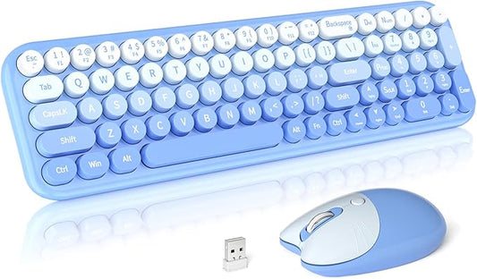 Wireless Keyboard and Mouse Combo, Portable Retro Keyboard with Compact Size, 2 in 1 USB Connected Mouse for Windows 7/8/10, Laptop, Desktop, PC, Computer (Blue)
