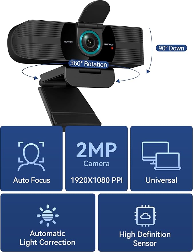 RUWBY Full HD 1080P Webcam with Built-in Dual Mics, Wide-Angle Lens, Privacy Cover, Tripod Stand, Autofocus PC Camera, Plug and Play for Desktop Computer or Laptop