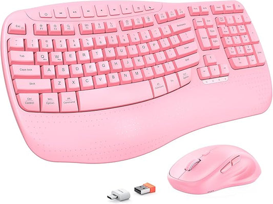 MEETION Ergonomic Keyboard and Mouse Wireless, Wave Keys Natural Typing, 2.4G Wireless Keyboard with Wrist Rest, 4 Adjustable DPI Mouse, Computer/Laptop/Windows/Mac, Pink