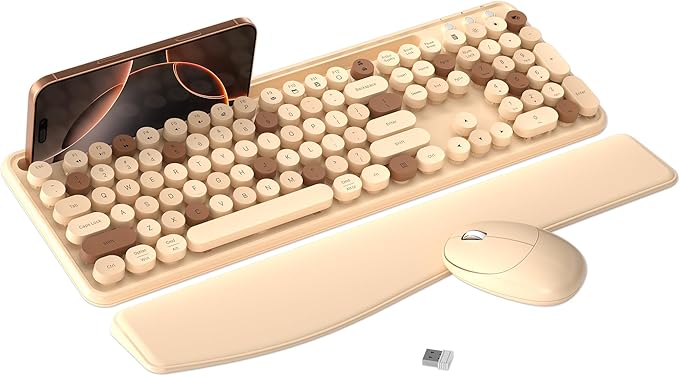 Colorful Wireless Computer Keyboard and Mouse Combo with Phone Holder, Wrist Rest, Typewriter Keys, 2.4GHz Wireless, Full-Sized Optical Mouse for PC and Laptop (Milk Tea)