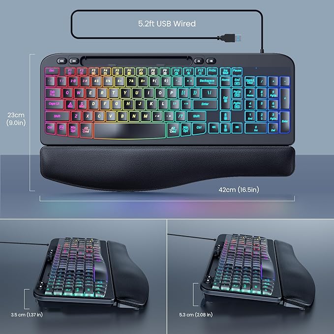 VEILZOR Wired Ergonomic Keyboard, 7-Color Backlit USB Computer Keyboard with Wrist Rest, Wave Keys, Phone Holder, Lighted Keyboard Compatible with PC, Laptop, Windows, and Mac