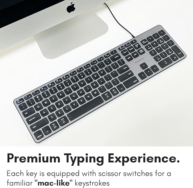 Macally Premium Wired USB C Keyboard with USB Ports - Connect Up to 3 Devices - (2X USB-A |1x USB-C Ports) - Wired Keyboard for Mac Mini/Pro, iMac, Macbook, iPad, and PC - Full Size Type-C Keyboard