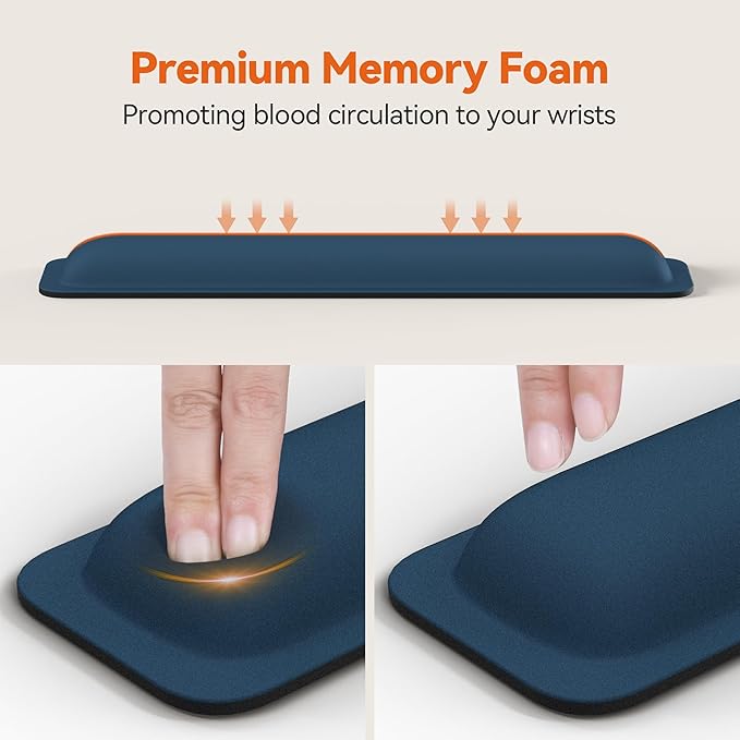 TECKNET Wrist Rest for Computer Keyboard, Thicken Memory Foam Wrist Support Pad for Keyboard, Ergonomic Palm Rest for Pain Relief, Anti-Slip Rubber Base, 17x3.3 in, 1 inch (25mm), Blue