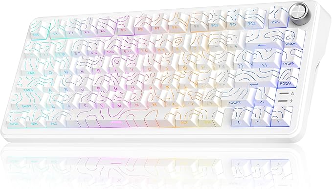 RedThunder K75 Wireless Mechanical Keyboard, CNC Knob, Tri-Mode BT5.0/2.4GHz/USB-C Hot Swappable Custom, Pre-lubed Linear Coconut Switches, Gasket Structure, RGB Gaming Keyboard, White Contour Lines