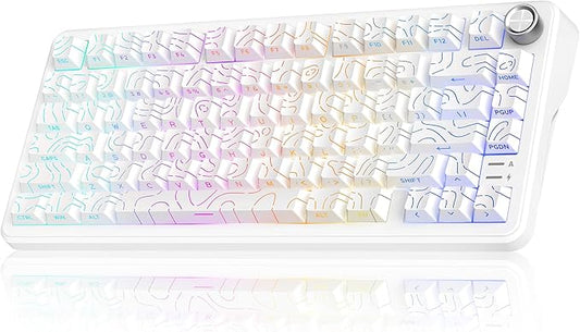 RedThunder K75 Wireless Mechanical Keyboard, CNC Knob, Tri-Mode BT5.0/2.4GHz/USB-C Hot Swappable Custom, Pre-lubed Linear Coconut Switches, Gasket Structure, RGB Gaming Keyboard, White Contour Lines