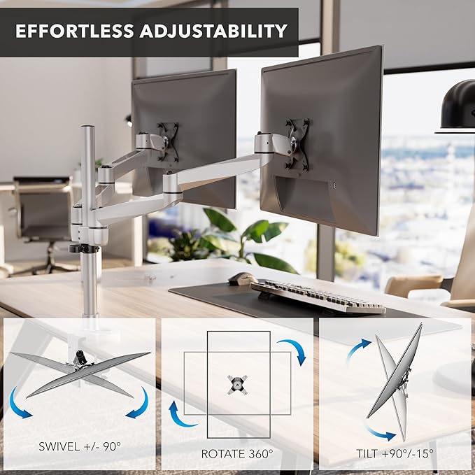 Mount-It! CLiX Dual Monitor Desk Mount Full Motion Arms, TAA-Compliant, Monitor Mounts for 2 Monitors 13-32" up to 19.8 lbs Each, VESA 75 100, C-Clamp Grommet, Premium Aluminum Dual Monitor Arm Silver