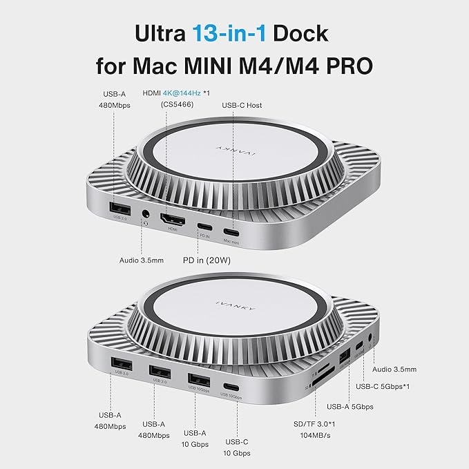 IVANKY 13-in-1 Mac mini M4 Dock, Ultra Docking Station Stand with M.2 NVMe SSD Enclosure, 4K@144Hz HDMI Hub for Mac mini M4 &M4 Pro (2024), 10 Gbps USB, SD/TF, Audio Ports *2, 20W PD Power Adapter *1