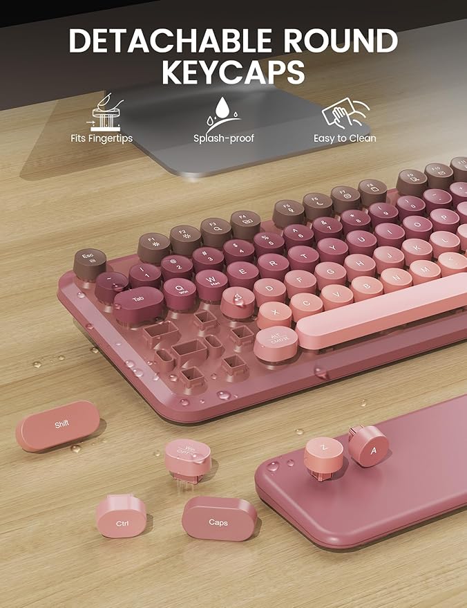 Wireless Keyboard and Mouse Combo, Typewriter Keyboard with Detachable Wrist Rest, Full-Size Retro Round Keycaps, Smart-Sleep, 2.4GHz Stable Connection for Mac/Windows/PC, Trueque(Ombre Dusty Rose)