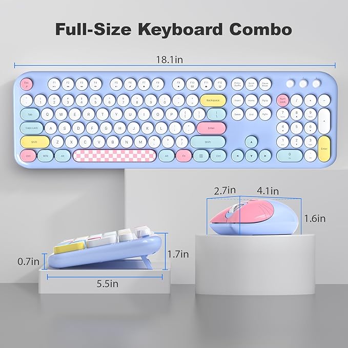Retro Wireless Keyboard and Mouse Combo, SQMD Full-Size Office Typewriter Keyboard with Round Colorful Keycaps, 2.4G Cute Quiet Mouse for Windows PC, Home, Office, and College - Blue