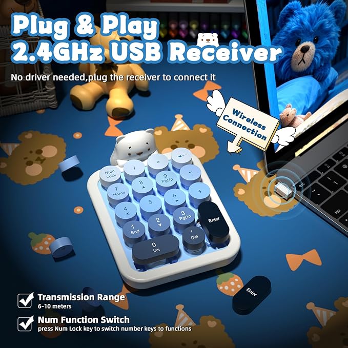 FELICON Cute Wireless Numeric Keypad with Silicon Bear,18-Key Colorful Round Keycaps,Ergonomic,2.4G Wireless Connection,Portable Financial Accounting Numpad Membrane Keyboard for PC,Laptop(Milk Blue)