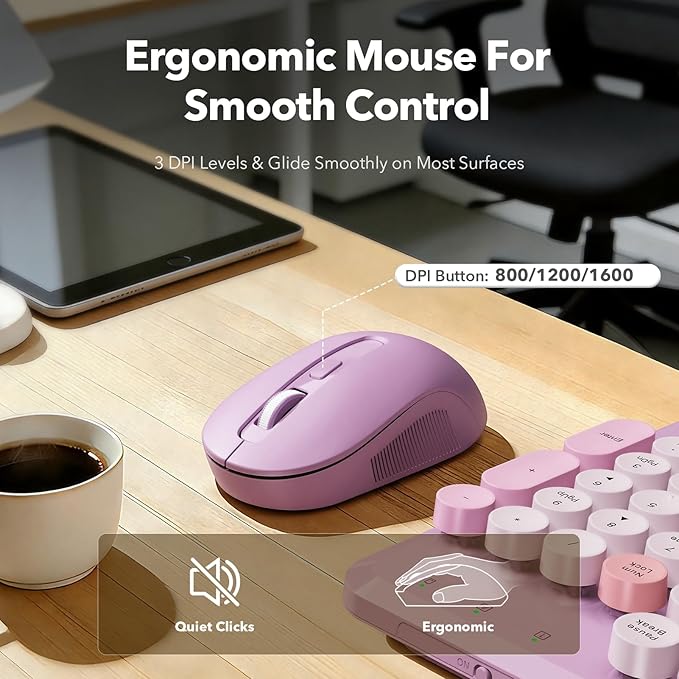 Wireless Keyboard and Mouse Combo with Detachable Magnetic Wrist Rest, Retro Typewriter-Style Keyboard, Round Keycap, Adjustable Legs, 3-Level DPI Mouse, 2.4GHz for Windows PC/Laptop (Lavender Purple)