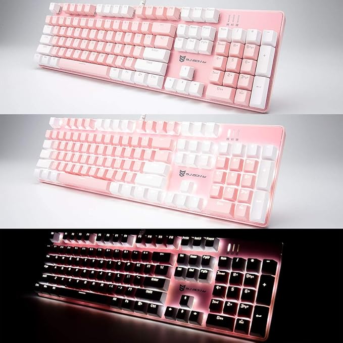 104 Keys Full Size Mechanical Keyboard | Blue Switch, Pink & White Color 104 Keys US Layout Led Backlit Hot Swappable Wired Mechanical Light Up Pink Keyboard | Wired Gaming Computer Keyboards