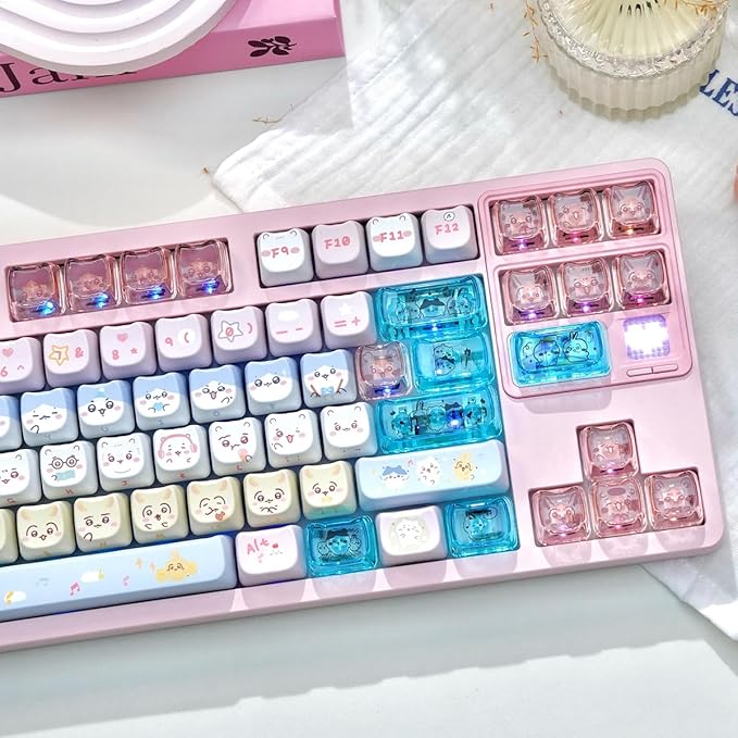 26 Keys Crystal Jelly Personalized Keycaps, PC Material Cute Blue Pink Kawaii Transparent Custom Keycaps, Mao Profile Keycap for DIY MX Swithes Mechanical Keyboards