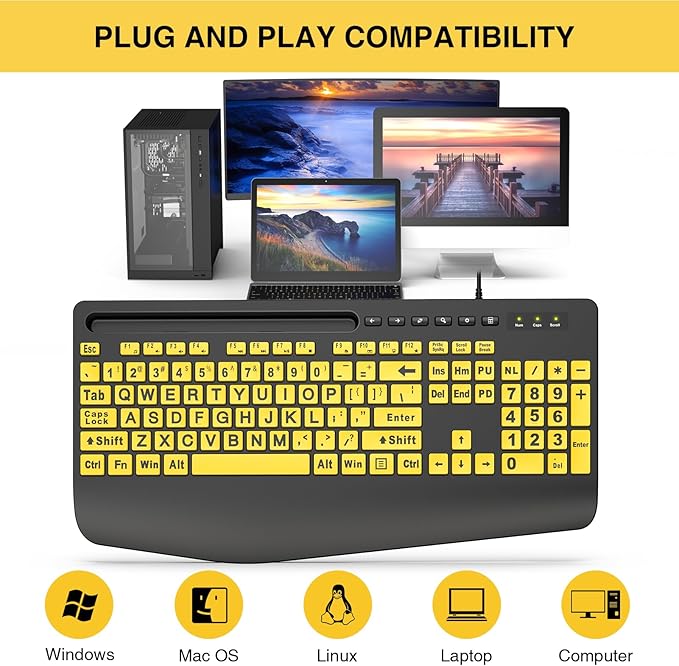 SABLUTE Large Print Keyboard Wired Computer Keyboards with Wrist Rest, Phone Holder, Big Letters Easy to Read Compatible Windows, Desktop, Laptop, Yellow