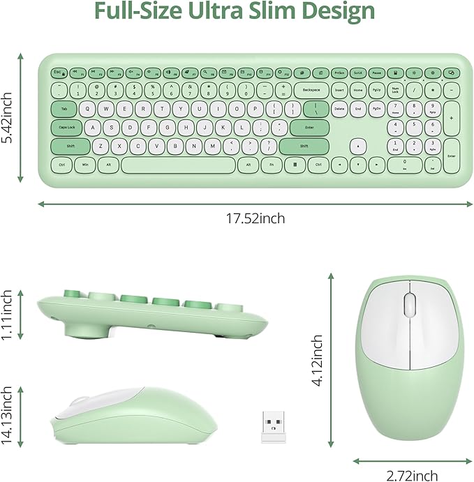 surmen Green Keyboard and Mouse Wireless, Cute Wireless Typewriter Keyboard, Full Size Slim Silent Round Keys Aesthetic for Home and Office(Colorful Green)