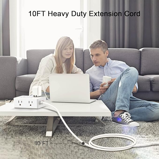 10Ft Surge Protector Power Strip - Flat Plug Extension Cord with 8 Widely Outlets and 4 USB Ports(1 USB C), 3 Side Outlet Extender for Home Office Dorm Room Essentials, White，ETL Listed