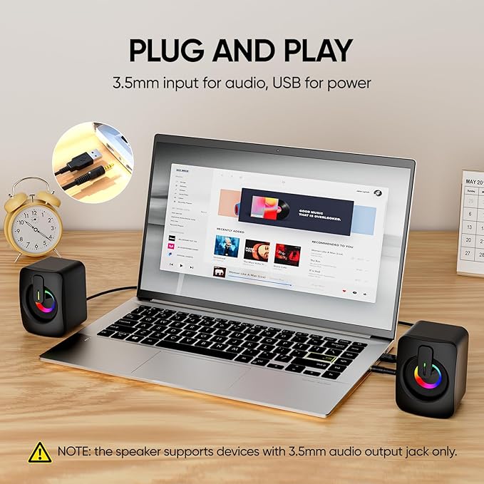 MELOGAGA RGB Computer Speakers, USB-Powered PC Speakers with 7-Color LED Backlight, 3.5mm Aux Compact Soundbar for Desktop, Laptop, Tablet – Crisp Audio & Space-Saving Design