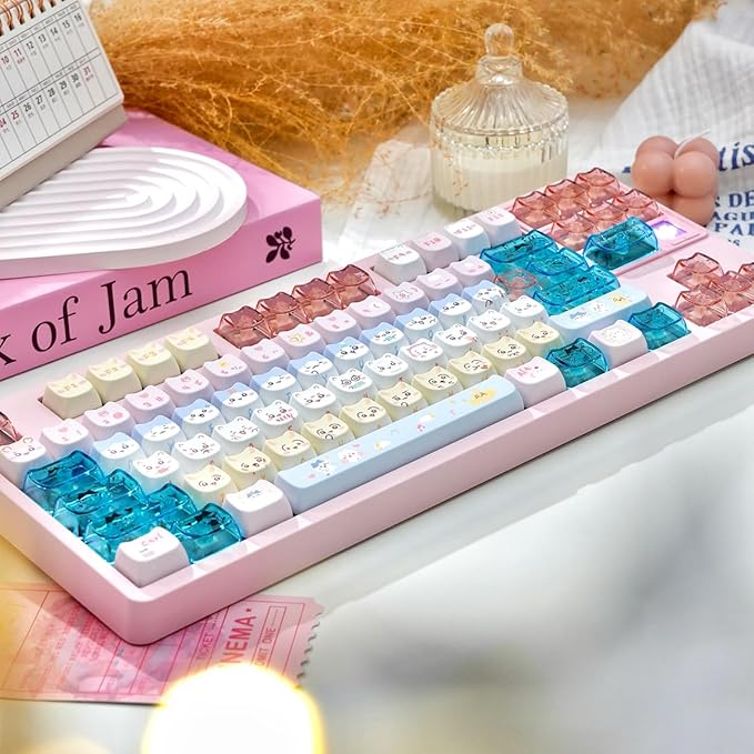 26 Keys Crystal Jelly Personalized Keycaps, PC Material Cute Blue Pink Kawaii Transparent Custom Keycaps, Mao Profile Keycap for DIY MX Swithes Mechanical Keyboards
