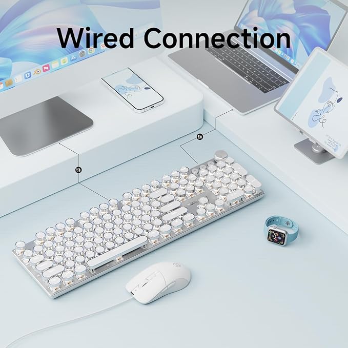 EWEADN Wired Typewriter Keyboard and Mouse Combo, Typewriter Style Mechanical Gaming Keyboard,104 Keys Backlit LED Keyboards, Media Control Knob, Wired Keyboard White Switch for Windows/Mac/PC-White