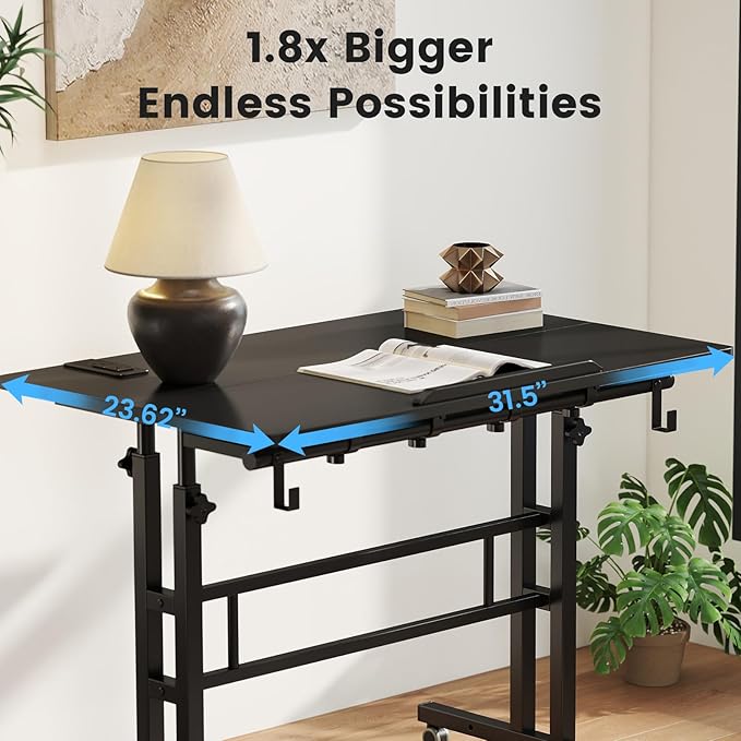 SIDUCAL Portable Standing Desk Adjustable Height, Rolling Computer Desk on Wheels, Mobile Home Office Workstation with USB Ports and Outlets, Laptop Cart for Standing or Sitting, 31.5" x 23.6" Black