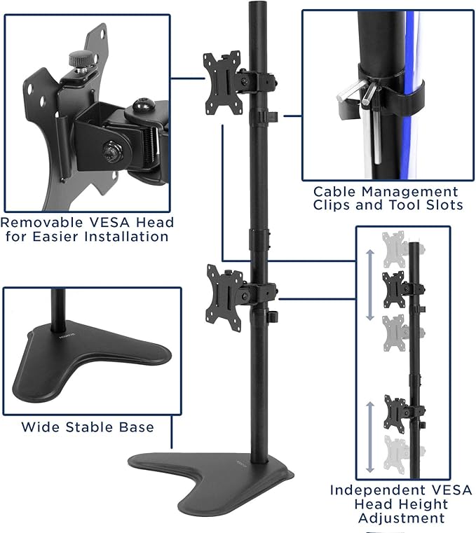 Mount-It! Vertical Dual Monitor Stand, Stacked Desk Mount Fits Two 13–32 Inch Screens up to 17.6 lbs Each, Height Adjustable Free Standing Pole with Tilt Swivel Rotate, Ergonomic VESA Riser, Black