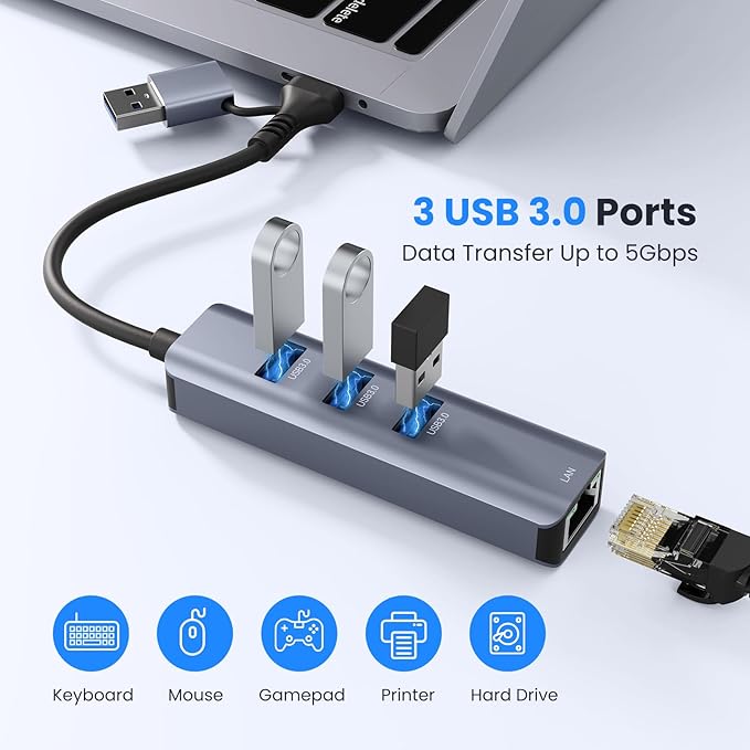 USB to Ethernet Adapter, ABLEWE USB 3.0/USB C to RJ45 Gigabit LAN (1000Mbps) Network Adapter, Compatible with MacBook/Pro/Air, iPhone 15/16 Pro/Max, iPad Pro, Surface Pro, Windows 11/10/8/7, MacOS