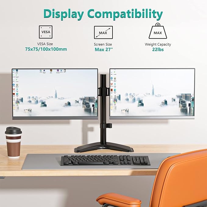 Free Standing Dual Monitor Stand for 13-27'' Screens, Dual Monitor Arms for 2 Monitors up to 22 lbs, Adjustable Dual Monitors Mount with C-Clamp and Grommet, VESA 75/100mm, Black