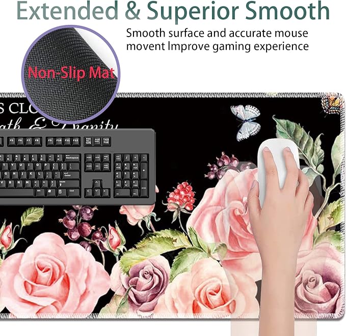 Large Gaming Mouse Pad + Keyboard Wrist Rest + Wrist Support + Coaster Set, Memory Foam Ergonomic for Easy Typing, XXL Extended Gaming Mouse Pad Table Pad - Proverbs 31:25 Flower