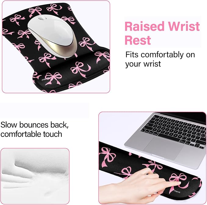 MOSISO Wrist Rest Support for Mouse Pad&Keyboard Set, Pink Bows Ergonomic Mousepad&Coaster Non-Slip Base Home/Office Pain Relief&Easy Typing Cushion with Neoprene Cloth&Raised Memory Foam, Black