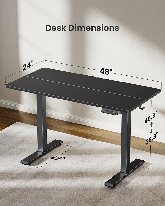 Marsail Standing Desk, Adjustable Height, Stand up Home Office Desk, 48x24 Inch Electric Standing Computer Desk, with 4 Memory Presets, Headphone Hook, Cable Organizer, Black