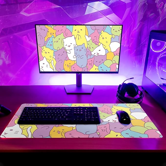 Kawaii Cats Gaming Mouse Pad, Extended Large Mouse Mat Desk Pad, Big Computer Keyboard Desk Pad, Stitched Edges Mousepad, 3mm Thick Long Non-Slip Rubber Base Mice Pad, 31.5 X 11.8 Inch1