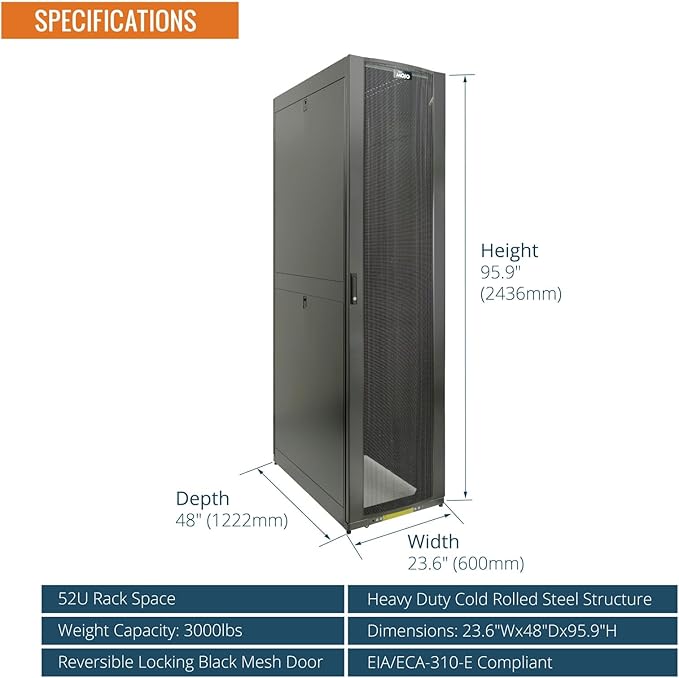 Tecmojo 52U Server Rack Cabinet - PRE-Assembled 24inch Width 48inch Depth IT Network Equipment Cabinet Rack Enclosure with Casters - 3000lbs Weight Capacity(06Black)