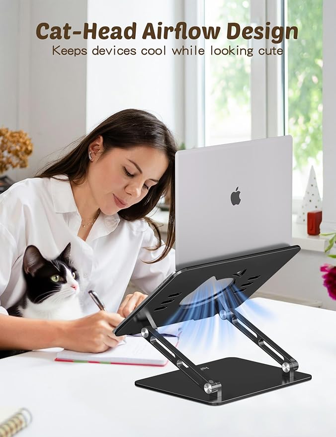 Laptop Stand for Desk – Adjustable Aluminum Laptop Riser with Unique Cat-Shaped Cooling Vent, Portable Desk Gift & Decor, Compatible with MacBook Air Pro, Dell, HP, Lenovo (10"-17.3"), Black