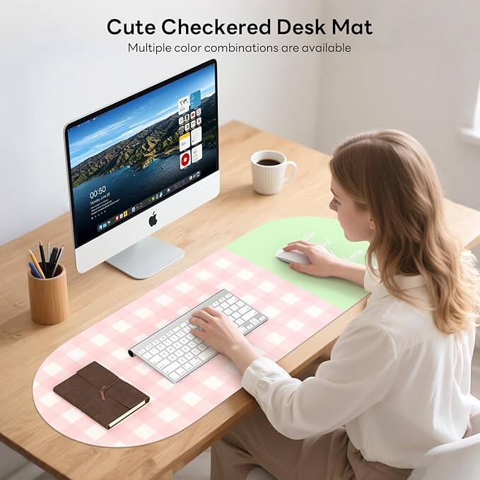 Checkered Pattern Desk Pad Protector, 35.5 x 13'' Aesthetic Mouse Mat for Desktop, Waterproof PU Leathe Non-Slip Desk Writing Pad for Office and Home, Pink and Green