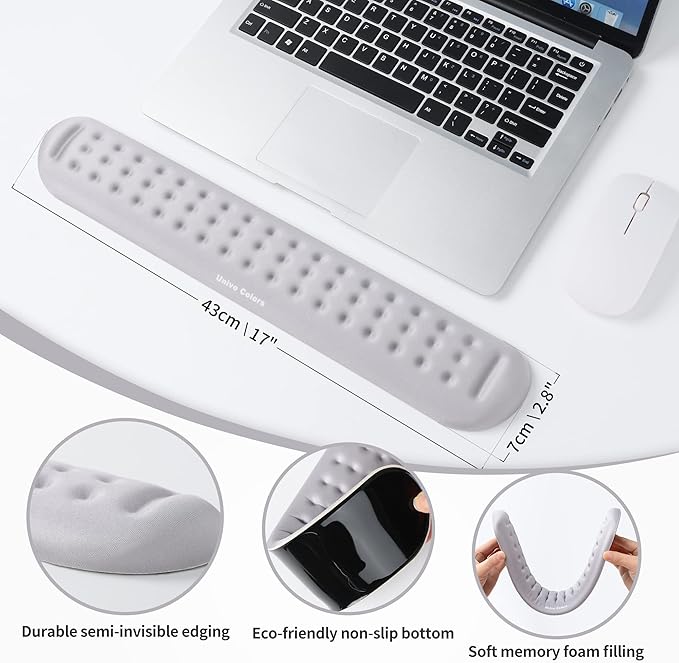 Univo Colors Gray Superfine Memory Foam Keyboard Wrist Rest Soft Gel Ergonomic Wrist Support Pad for Computer, Laptop, Office, Gaming, Typing
