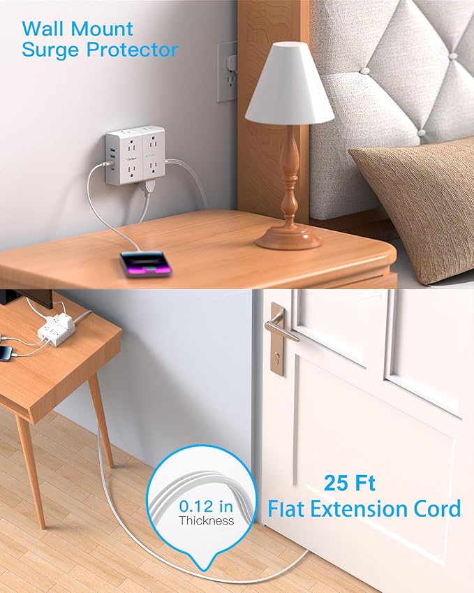 Surge Protector Power Strip 25 ft Cord, Flat Plug Extension Cord with 8 Outlets 4 USB Ports(2 USB C), 3 Side Wall Mount Outlet Extender, Long Extension Cord for Home Office Dorm Room Essentials