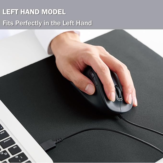 ELECOM Left Hand Wired USB Ergonomic Shape Mouse, Silent Click, 2000DPI, 5 Buttons, Optical Sensor, Compatible with PC, Mac, Laptop, EX-G, Lsize Black (M-XGL31UBSKBK)