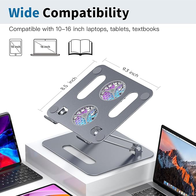 Adjustable Laptop Cooling Stand with 2 Quiet Fans & RGB Lighting, Aluminum Alloy & Foldable Ergonomic Design for MacBook, Lenovo, ASUS, Dell 10-16 Inch, Perfect for Gaming, DJ, Office - Gray