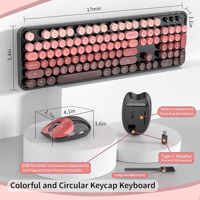 Wireless Keyboard and Mouse, 104 Round Keycaps Retro Typewriter with OTG & Brush, Full-Size Ergonomic, Ideal for Windows PC, Home, Office and College Black Pink