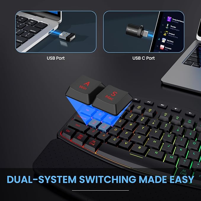 Wireless RGB Backlit Keyboard, 2500mAh Rechargeable Keyboard with 15 RGB Lighting Effects, 5 Brightness Modes, Multimedia Keys, Silent Ergonomic Keyboard for PC Computer Laptop Windows Mac
