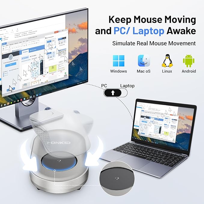 HONKID Undetectable Mouse Mover Jiggler with ON/Off Switch and USB Port Drive-Free,Simulate Physical Automatically Mouse Movement,Prevent Computer Laptop Inactive/Lockdown (Silver)