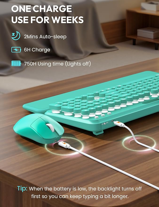 Wireless Keyboard and Mouse Combo - Backlit Typewriter Keyboard with Magnetic Wrist Rest & Phone Holder, Light Up Round Keycaps, 2.4GHz Cordless Set for Mac, Windows, PC, Laptop, SABLUTE