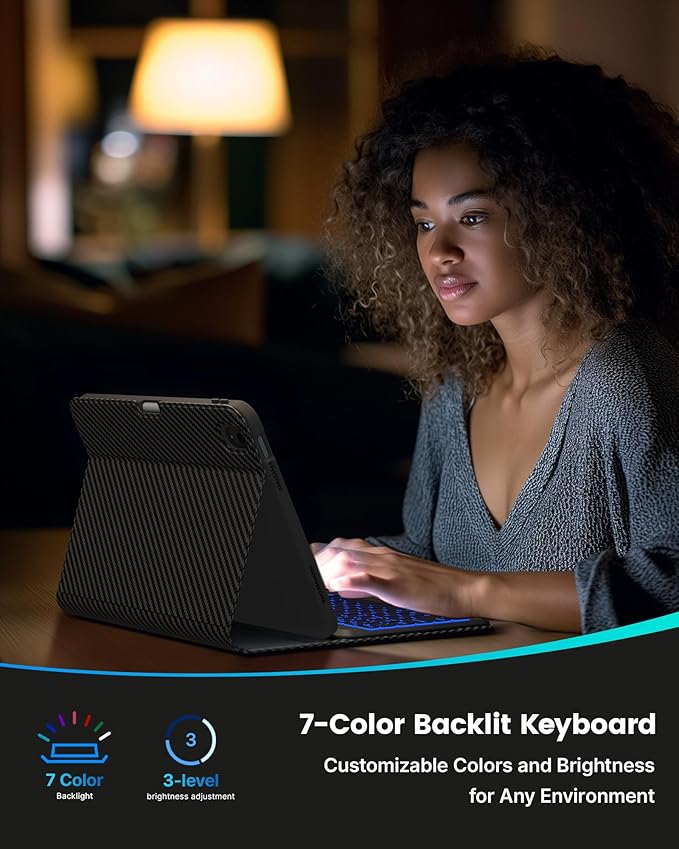typecase Folio Keyboard Case for iPad 10th Gen 10.9 inch (2022) and iPad 11th (A16, 2025), Magnetic Wireless Detachable Keyboard, 7-Color Backlight, Thin & Light, Pencil Holder – Carbon Fiber