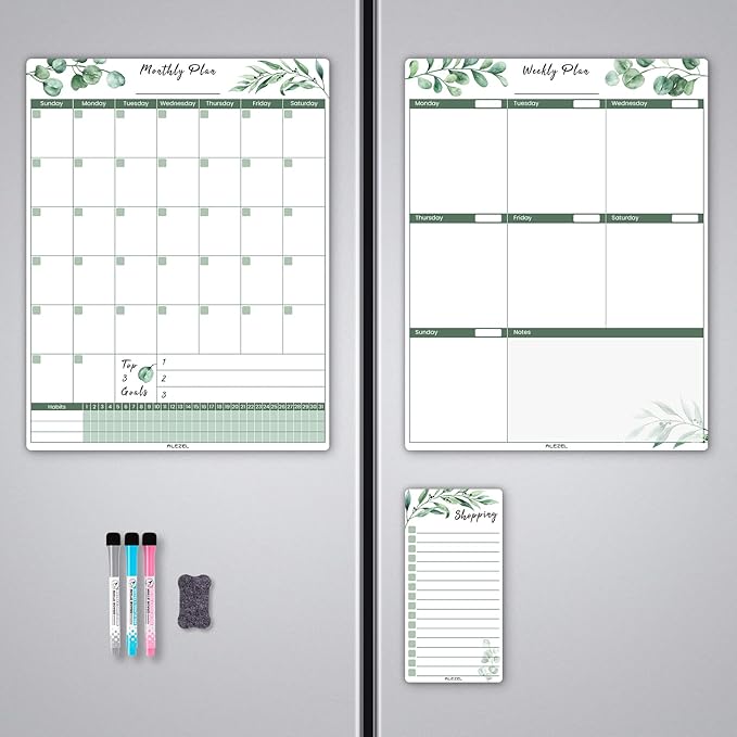 Magnetic Calendar for Refrigerator, Greenery Dry Erase Fridge Calendar Set (3 Boards) - Monthly & Weekly Planner Whiteboard, Shopping List White Board, 3 Markers + Eraser