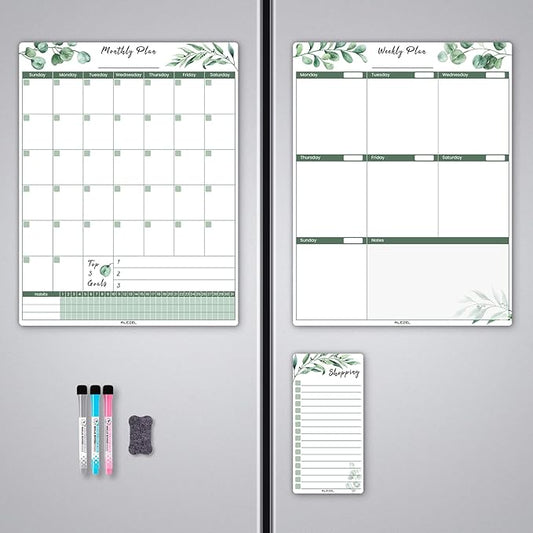 Magnetic Calendar for Refrigerator, Greenery Dry Erase Fridge Calendar Set (3 Boards) - Monthly & Weekly Planner Whiteboard, Shopping List White Board, 3 Markers + Eraser