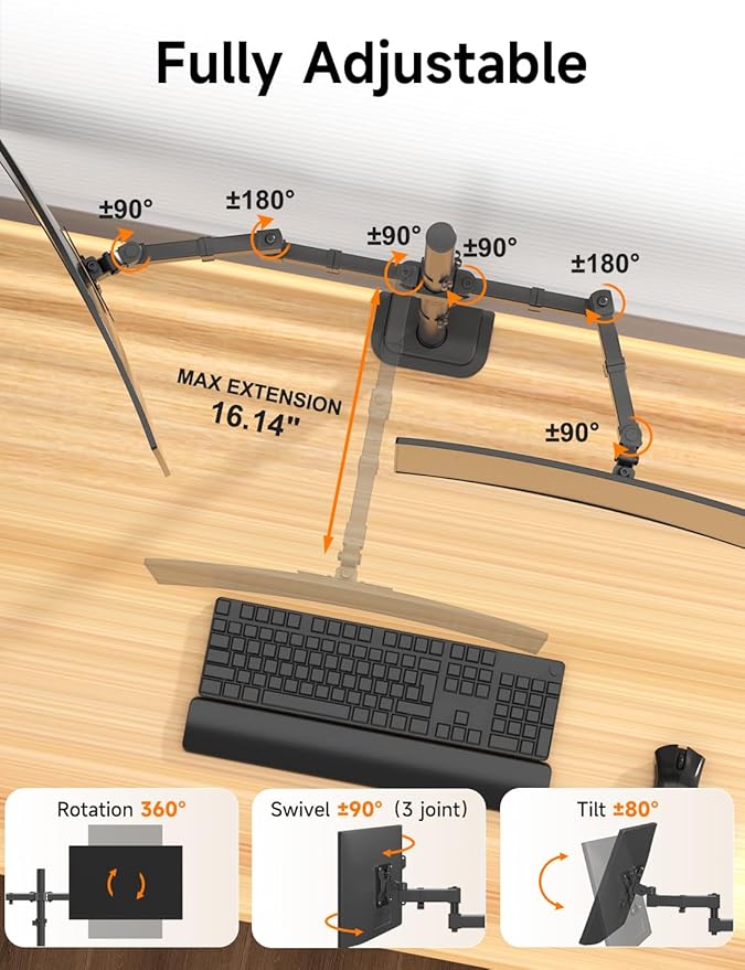 Bracwiser Dual Fully Adjustable Monitor Arm Stand Mount 31.5 Inch Tall Pole Fits Two Screen 13-27 inch 22lbs for Monitor Computer Screen 13 15 17 19 20 22 23 24 26 27 inch VESA 75 100 (MD7842)